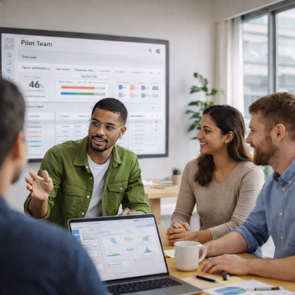 Four young professionals discussing data charts with a laptop and a screen showing team efficiency metrics in a modern office.