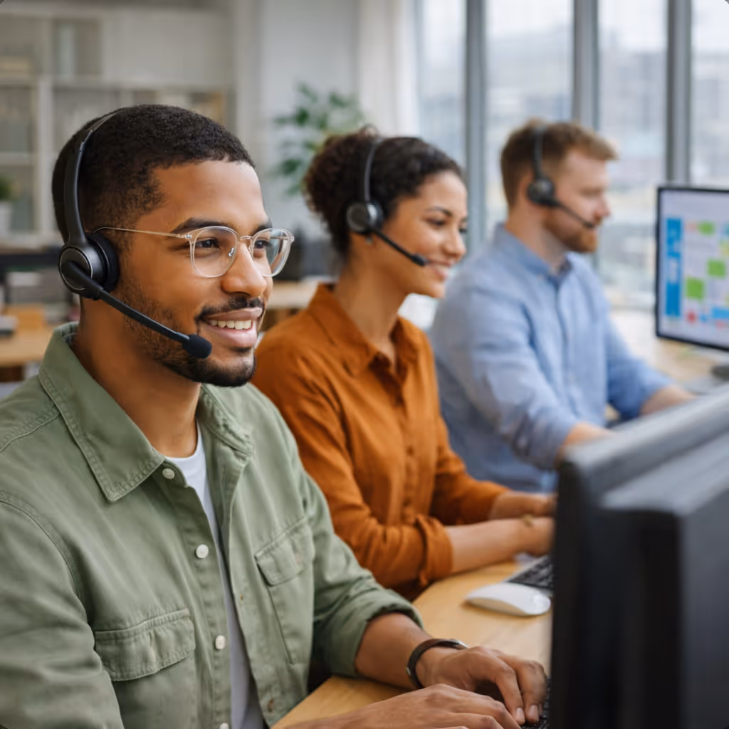 Three call center employees wearing headsets and working at computers in a bright office.