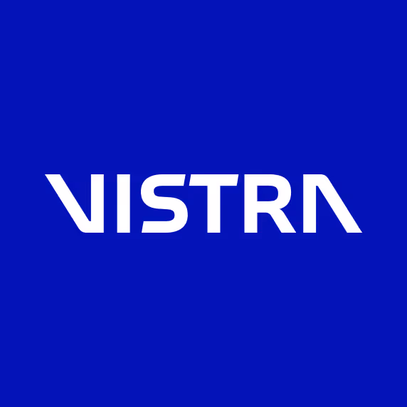 White VISTRA logo text on a solid blue square background.