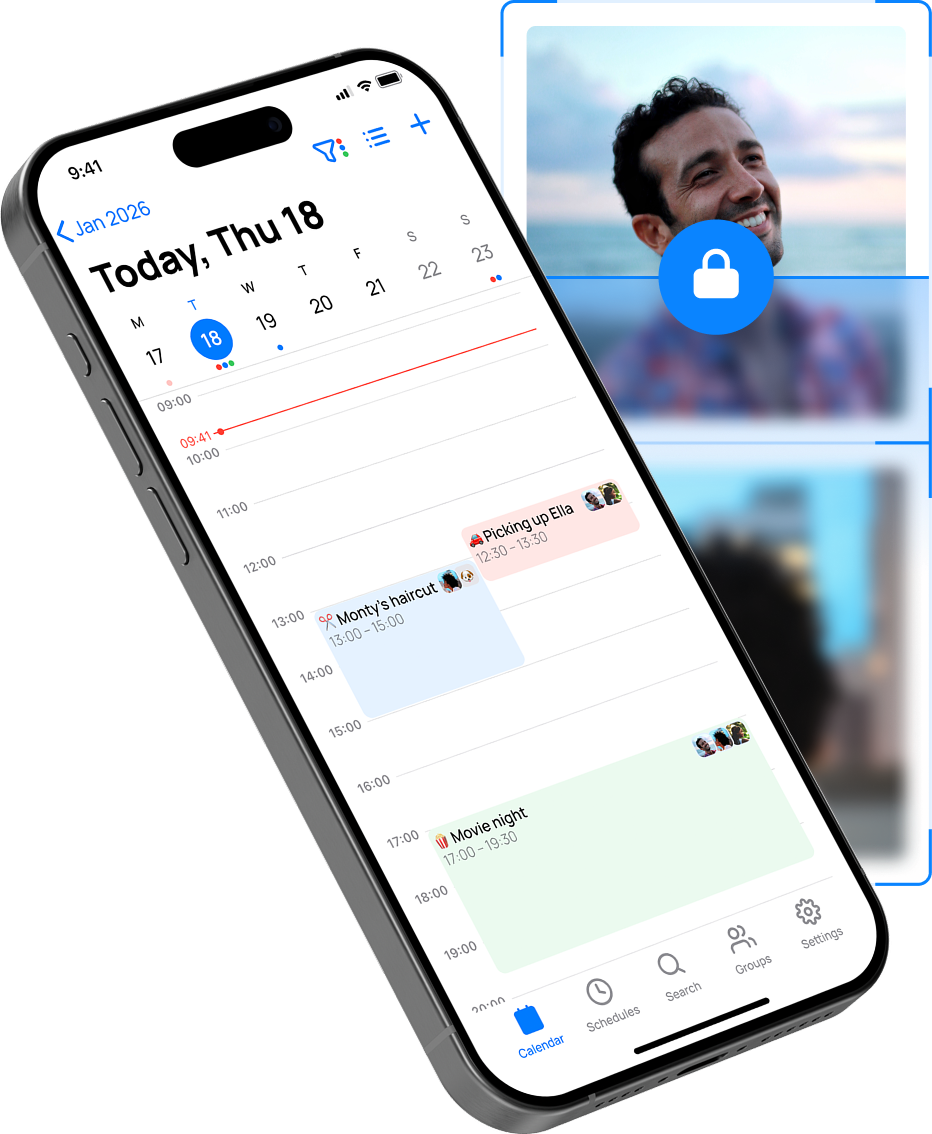Shared calendar app on iPhone showing daily schedule view with events like haircut, school pickup, and movie night. Modern mobile interface with date navigation, event color coding, and group avatars for collaborative scheduling.