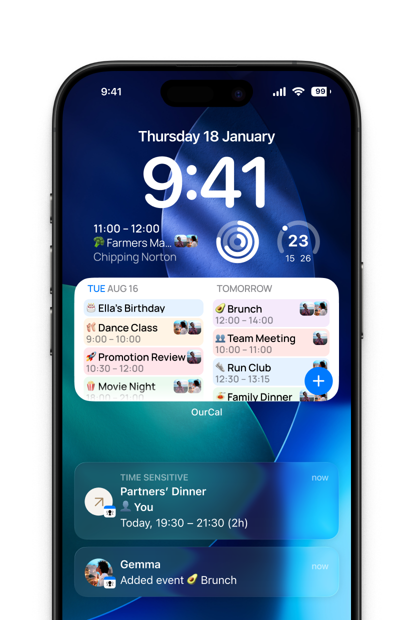 Shared calendar app feature card showing iPhone lock screen with OurCal widget displaying upcoming events like Brunch, Team Meeting, and Run Club, alongside real-time notifications for calendar updates and event reminders.