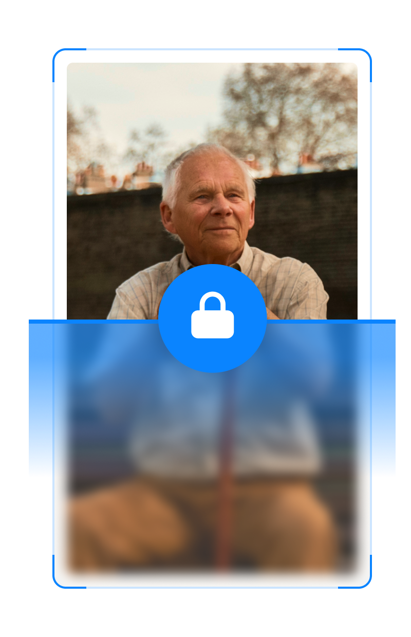 Privacy-focused shared calendar app feature card showing an elderly man’s profile photo with a blue padlock icon overlay, symbolizing end-to-end encryption, data ownership, and protection from ads or tracking.