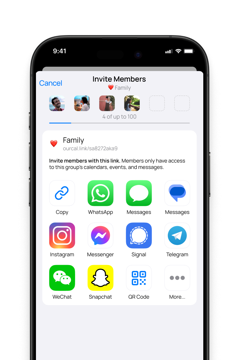 Shared calendar app feature card showing iPhone screen with ‘Invite Members’ options to share a private calendar link via WhatsApp, Messages, Instagram, Messenger, Signal, Telegram, WeChat, Snapchat, and QR code.