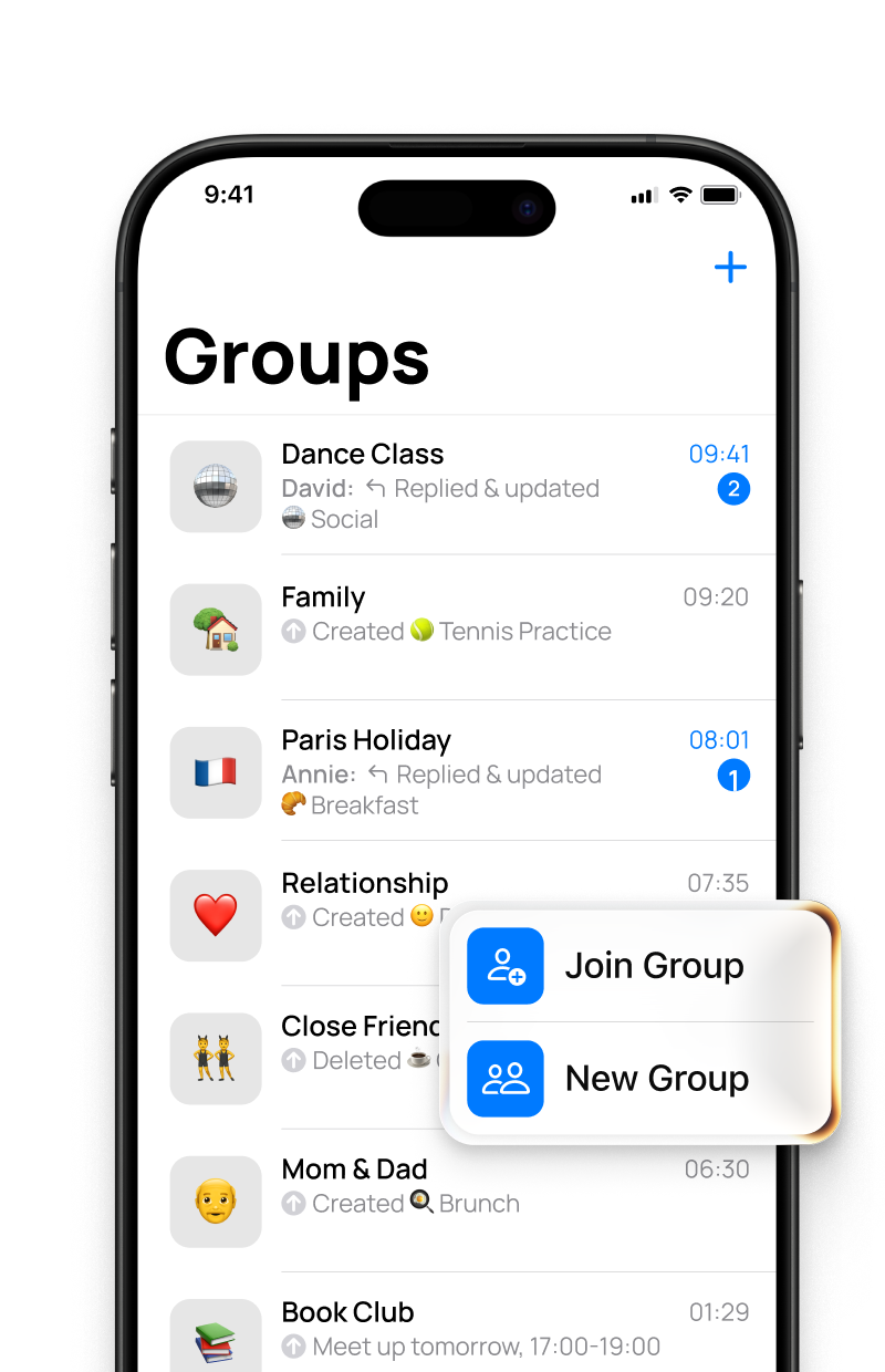Shared calendar app feature card showing iPhone screen with ‘Groups’ list including Dance Class, Family, Paris Holiday, Relationship, Close Friends, Mom & Dad, and Book Club, with options to join or create new groups.