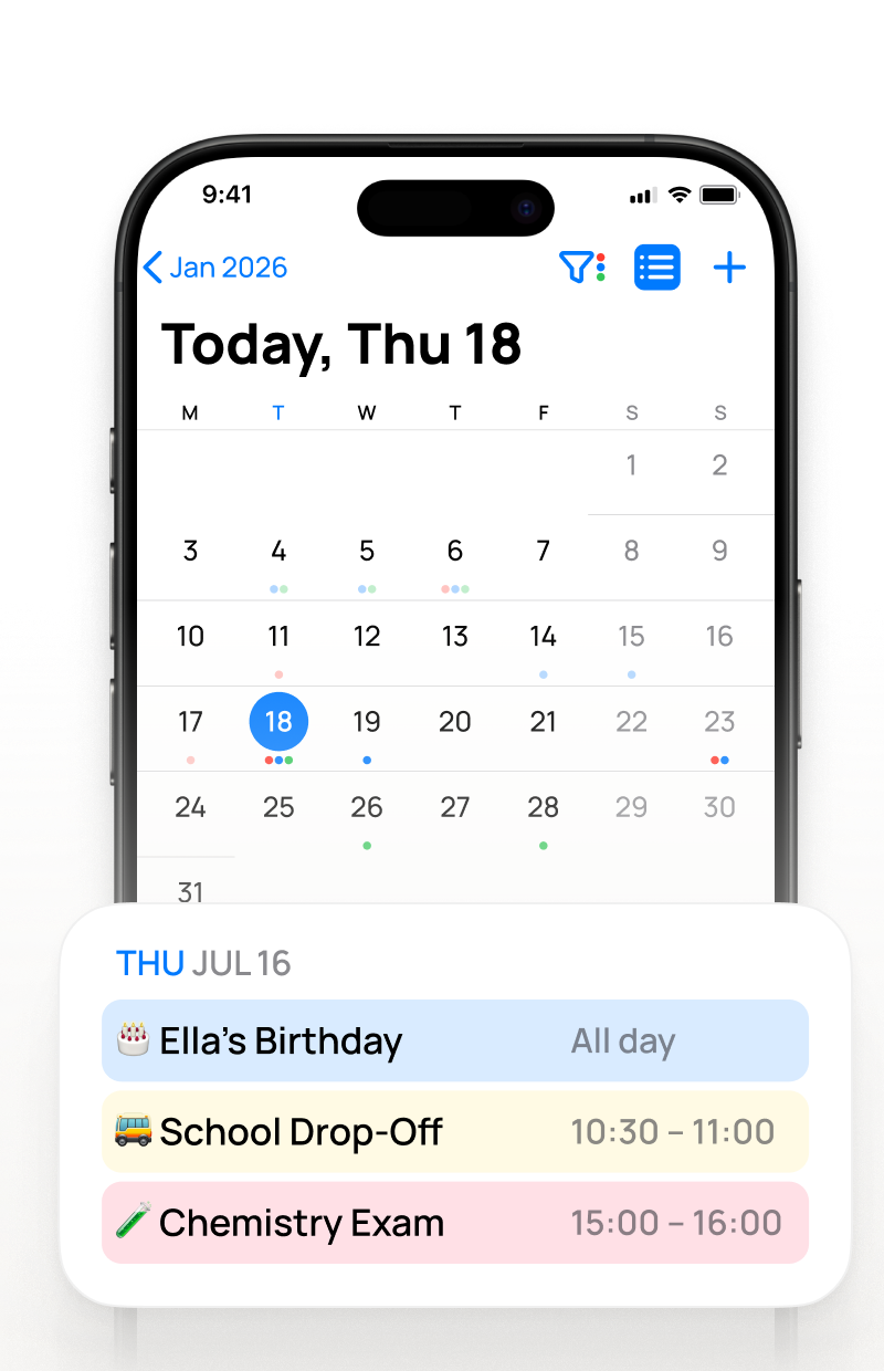 Mobile calendar app interface on iPhone showing monthly view for January 2026 and daily events list, including Ella’s Birthday, School Drop-Off, and Chemistry Exam with color-coded event categories.