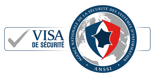 ANSSI-certified security badge with Visa de Sécurité logo, highlighting the only shared calendar app with certified end-to-end encryption for maximum data protection