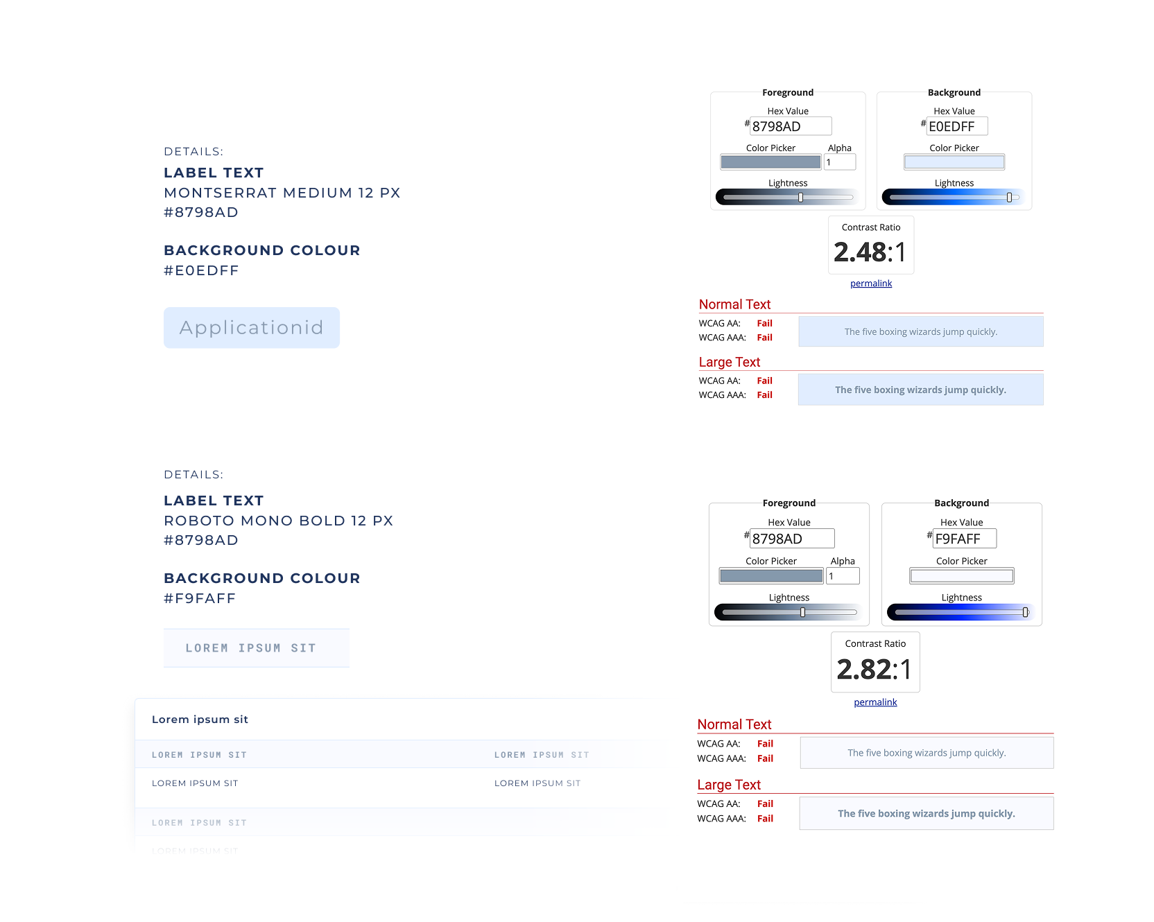 Design board showing examples of typography, color usage, and contrast ratios, representing the visual foundation of the system before introducing design tokens, the element are analyzed with online contrast tool https://webaim.org/resources/contrastchecker/ 