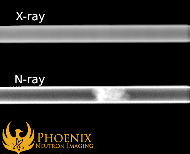 Comparison of an x-ray and n-ray image of an aluminum pole with a cotton ball inside. The cotton ball is visible on the n-ray image, and invisible on the x-ray image