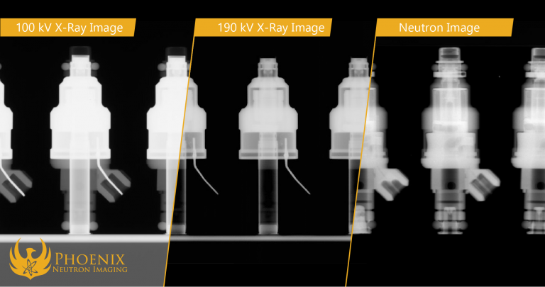 A side-by-side comparison of a 100cV X-ray Image, a 190 kV x-ray image, and a neutron image of fuel injectors