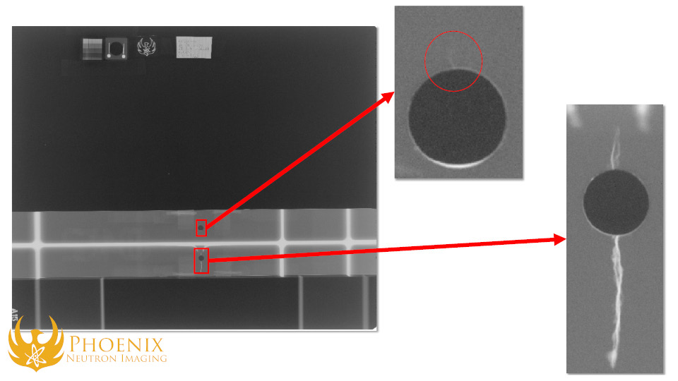 A collection of three n-ray images of an aluminum rod tagged with a gadolinium-based dye penetrant