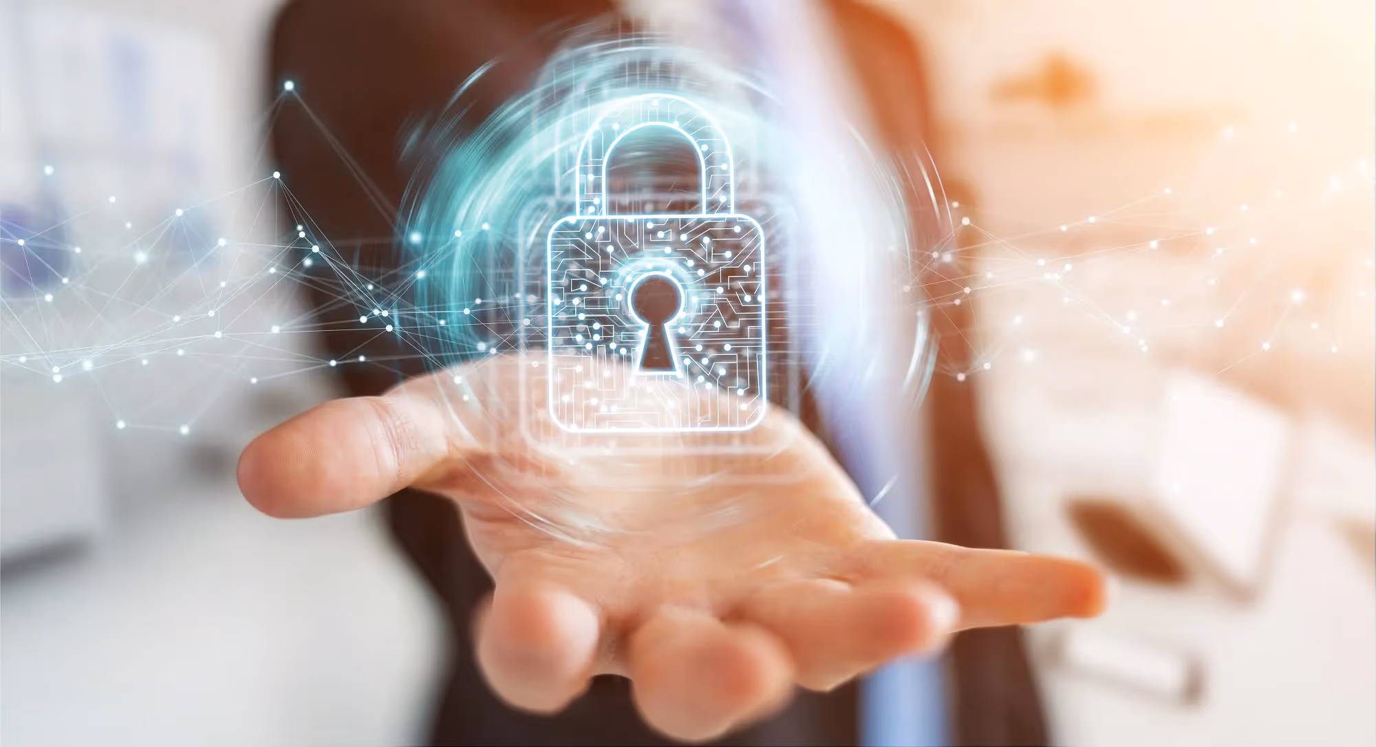 Businessman holding a holographic padlock
