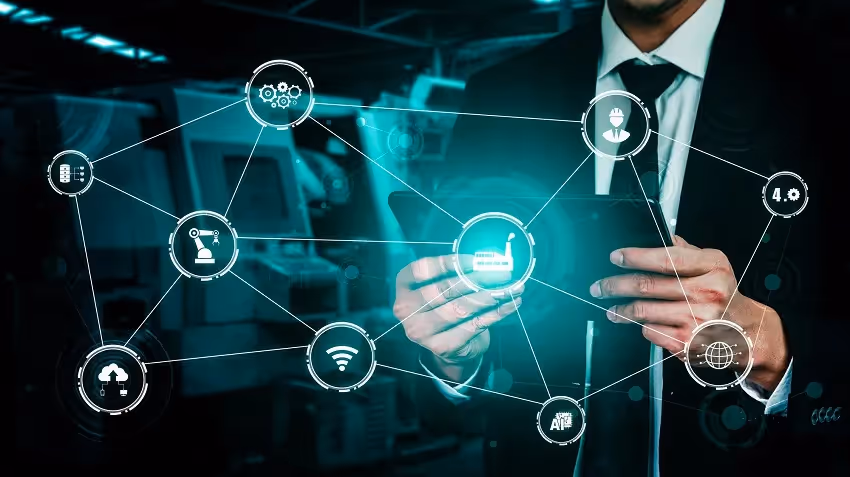 businessman interacts with robotic mechanism that represents automation solutions