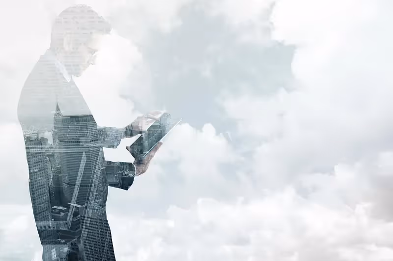 businesses person with a smart device in front of clouded sky