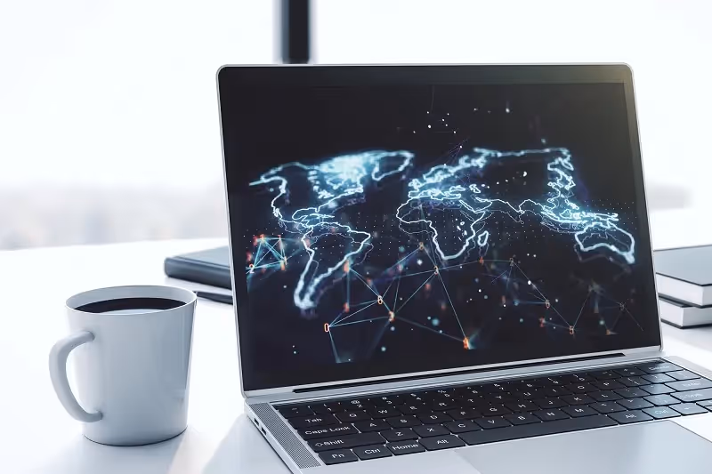 World map on a laptop screen