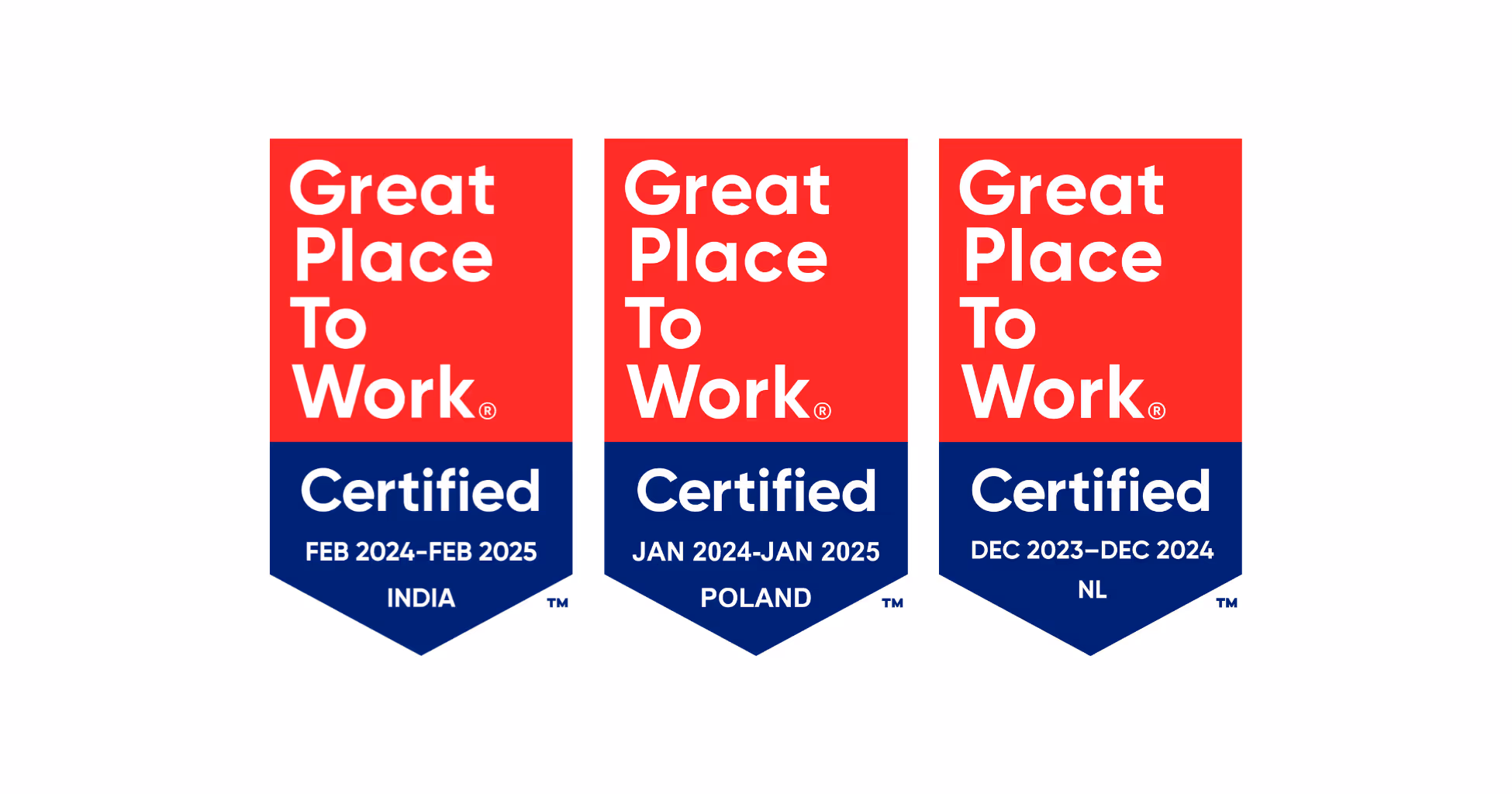 Great Place To Work Badges for Maxima Consulting in India, Poland, and the Netherlands