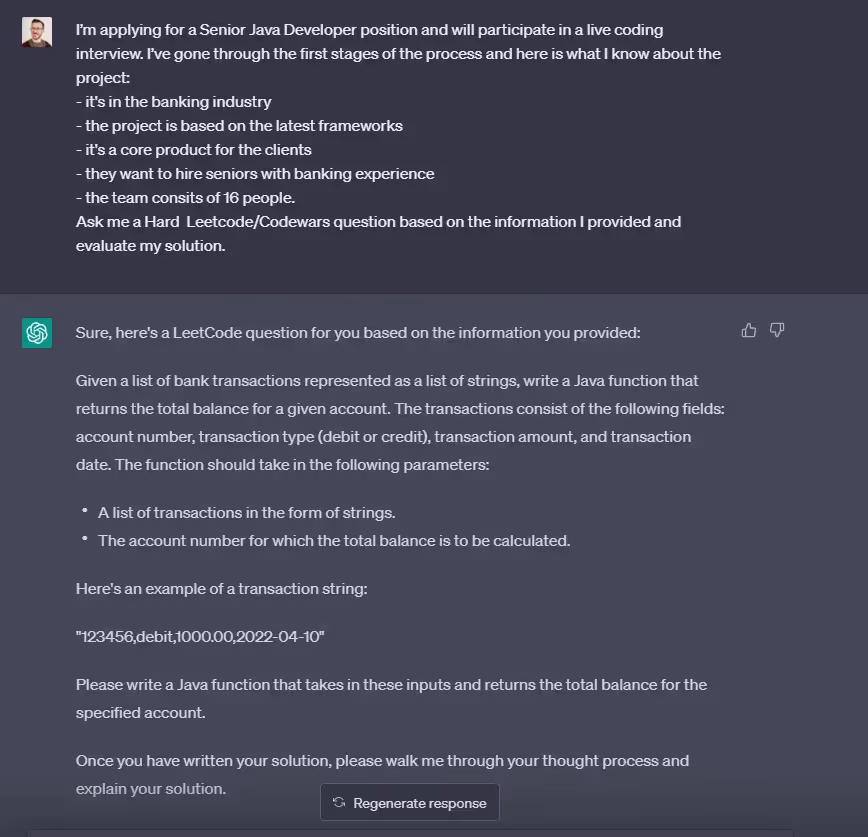 Screenshot: Asking ChatGPT to provide a technical question.