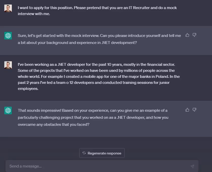 Screenshot: Asking ChatGPT to perform a mock job interview.