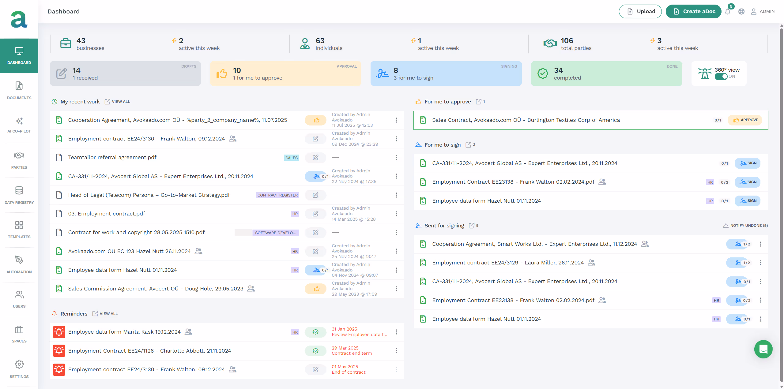 Avokaado contract lifecycle management - Dashboard overview
