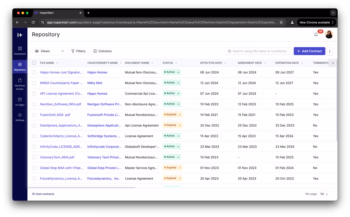 HyperStart CLM - Contract repository view