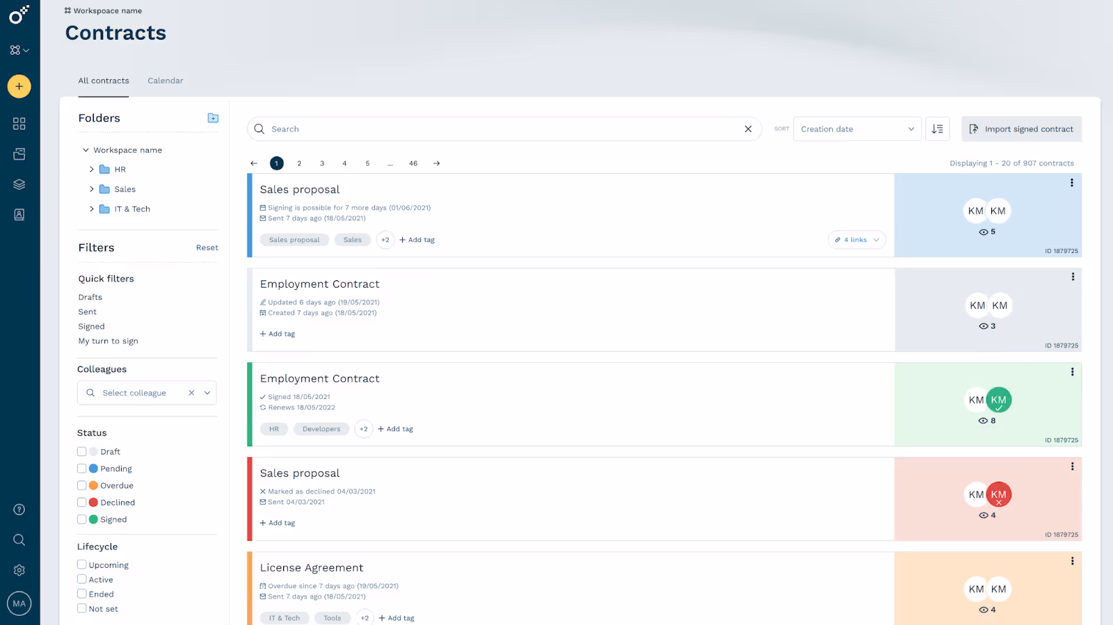Oneflow CLM - Workspace with list of all contracts