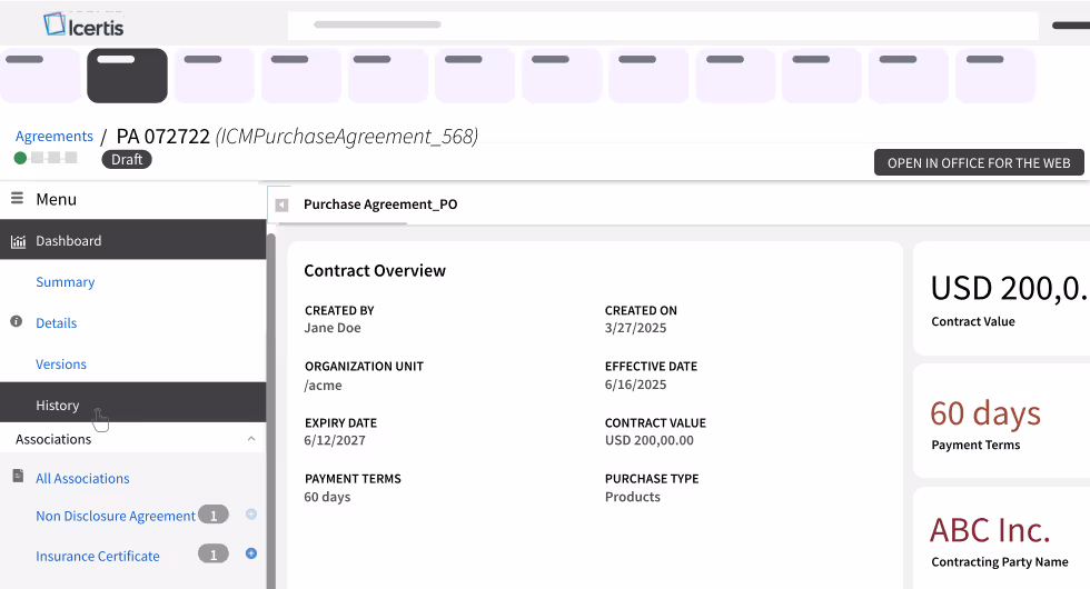 Icertis contract management - Dashboard contract details view