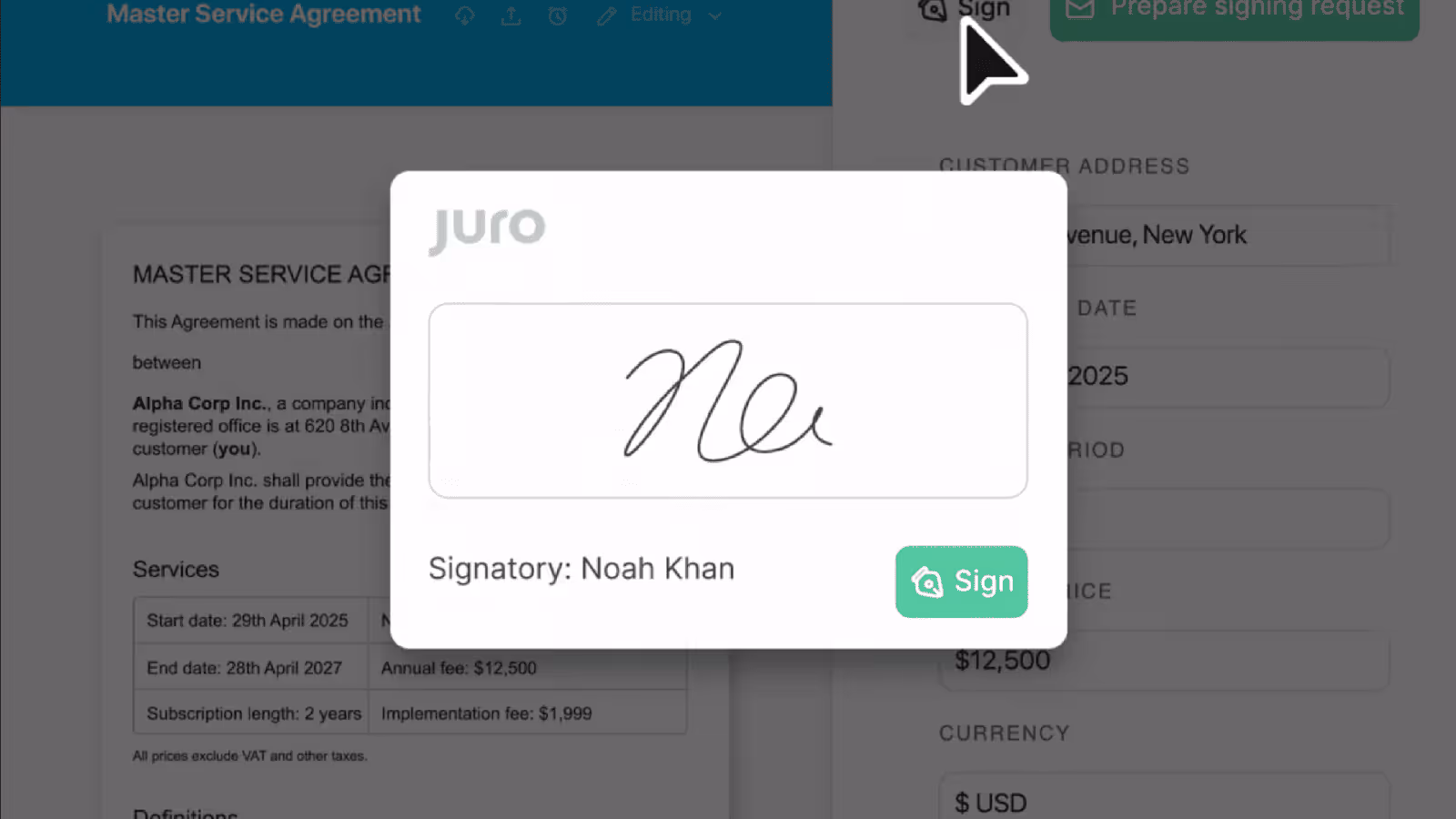 Juro contract collaboration platform - E-signature feature