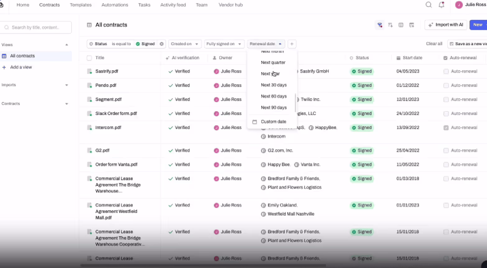 Contractbook CLM - Dashboard displaying all contracts