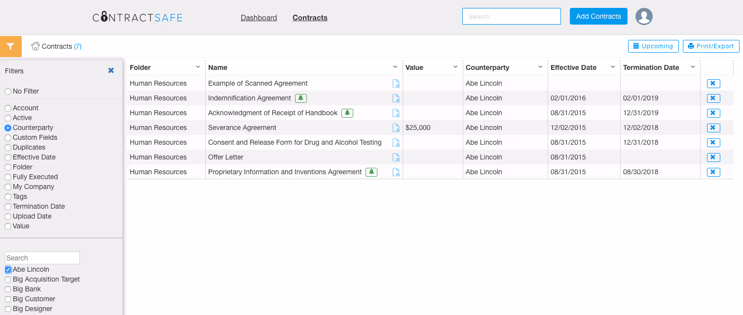 ContractSafe CLM - Dashboard with filtered view