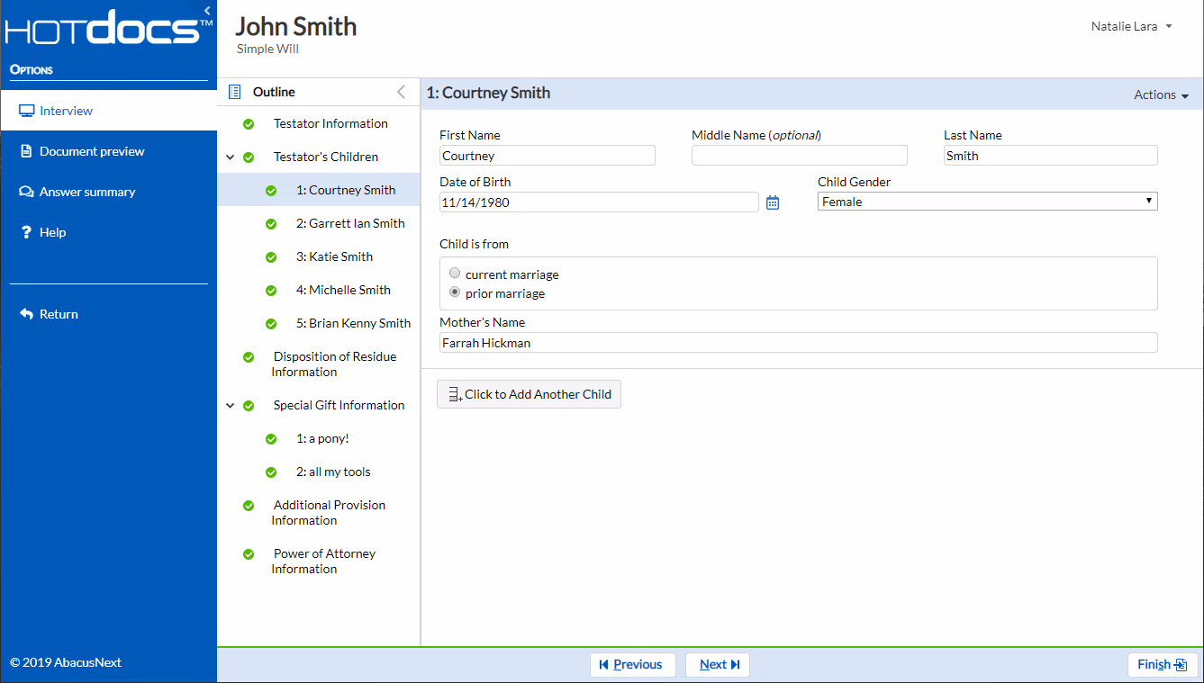 HotDocs screenshot showing the interview mode, where a user enters information step-by-step to automatically populate a complex legal document with advanced nested logic.