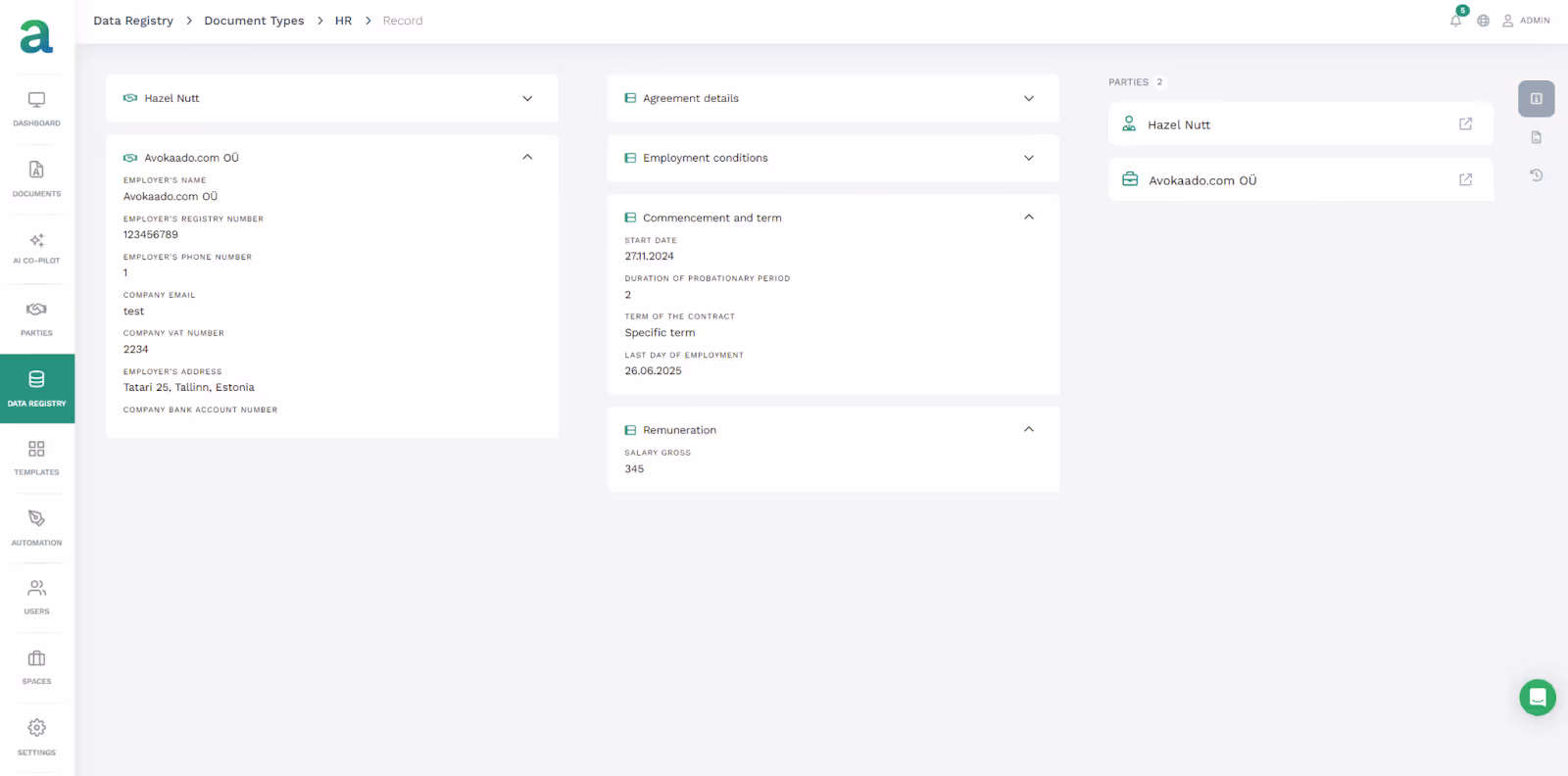 Avokaado Data Registry view showing structured metadata fields for an employment contract, including remuneration and dates, separate from the document file.
