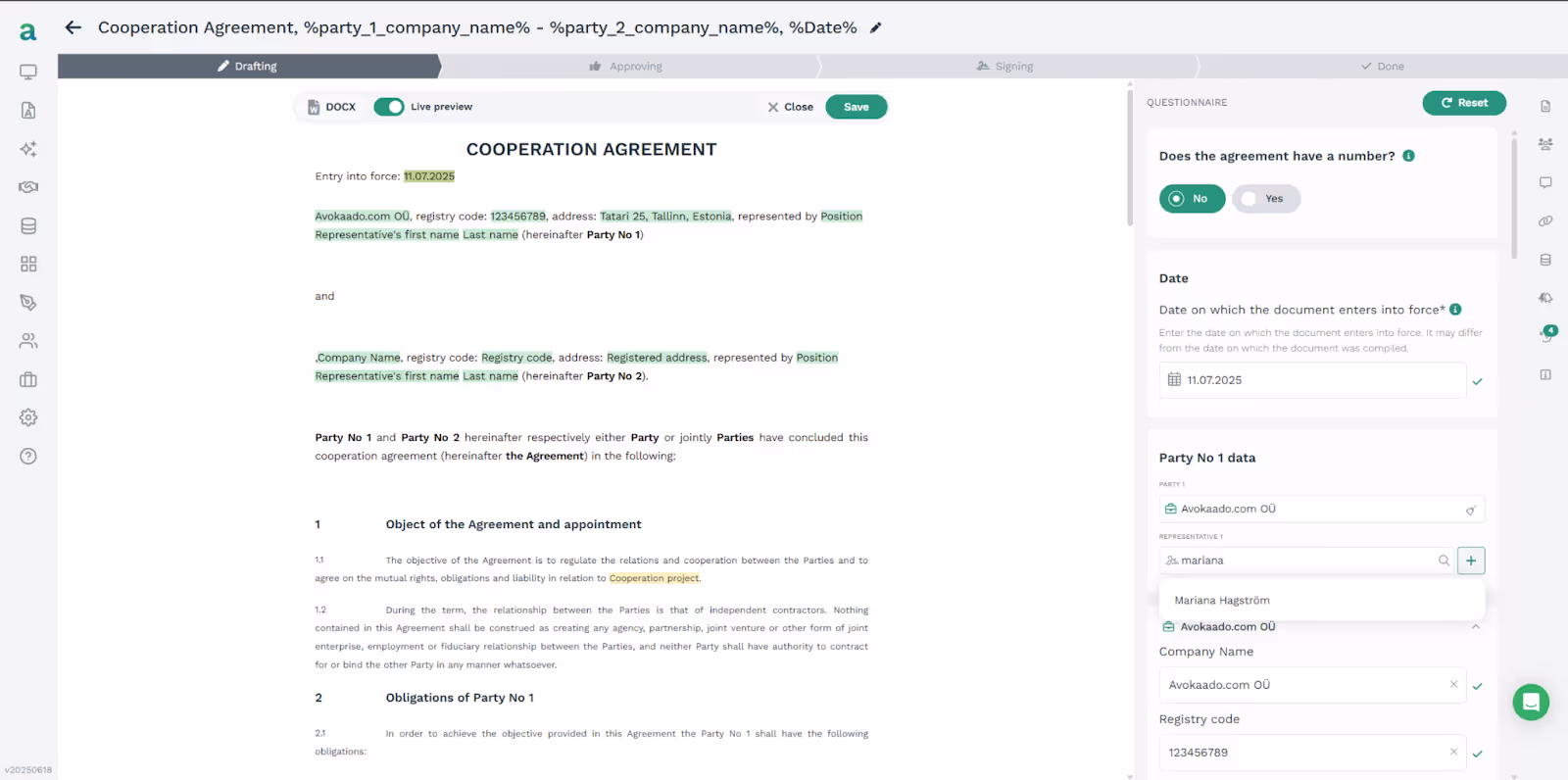 Avokaado smart contract questionnaire on the right side automatically populating a legal document on the left using the aDoc format.