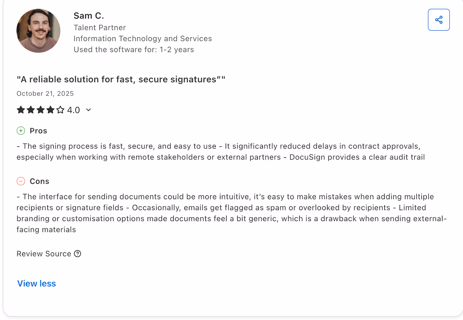 A Capterra user review of DocuSign.