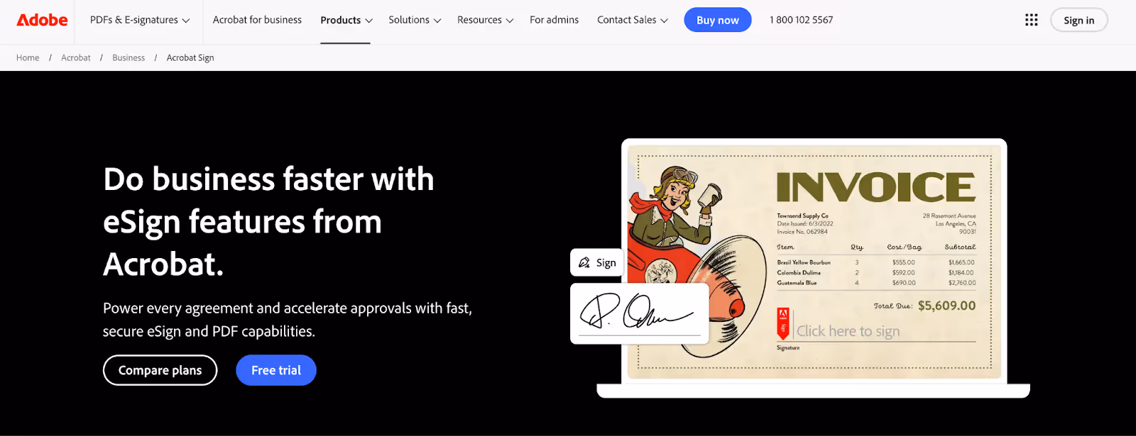 A screenshot of Adobe Acrobat Sign's homepage.