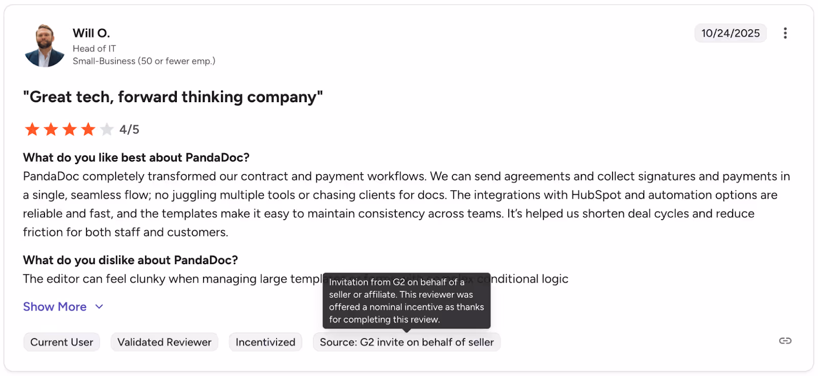 A G2 user review of PandaDoc.
