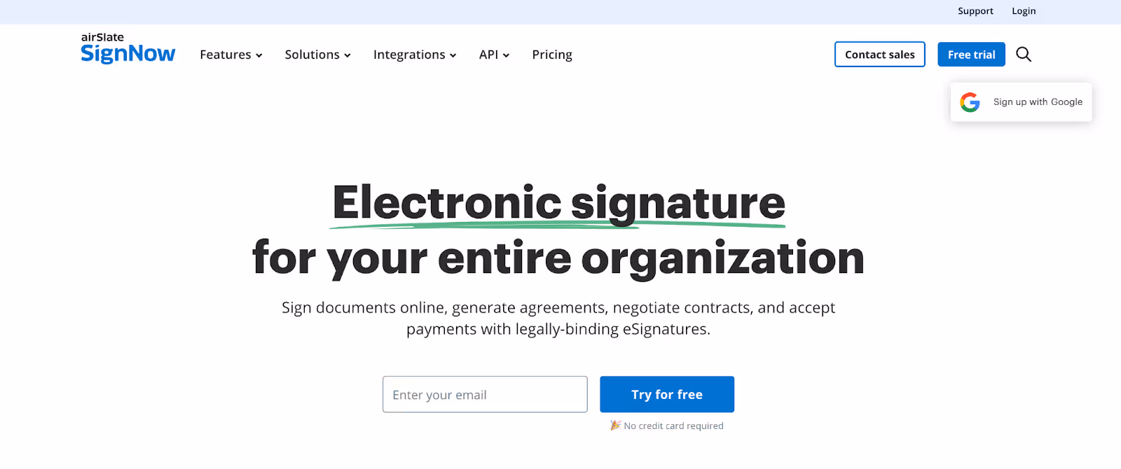 A screenshot of SignNow's homepage.