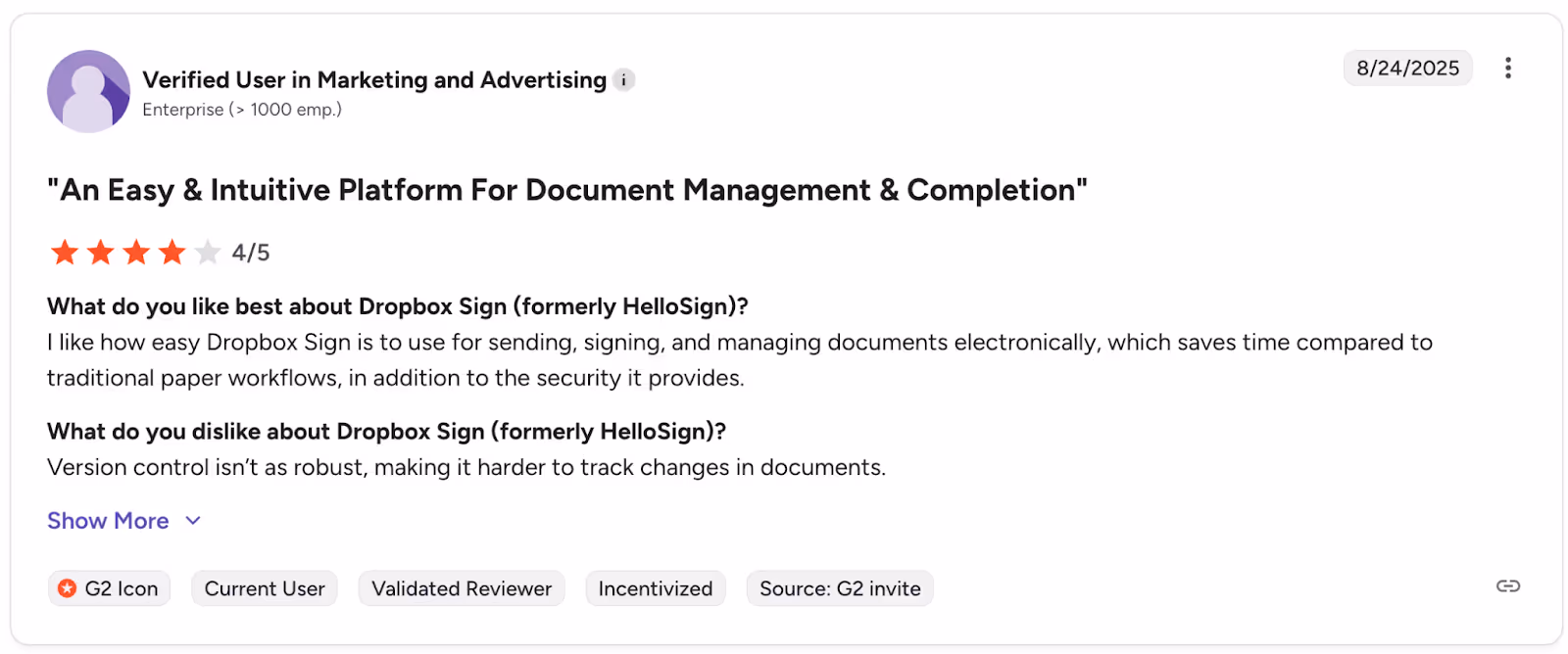 A G2 user review of Dropbox Sign.