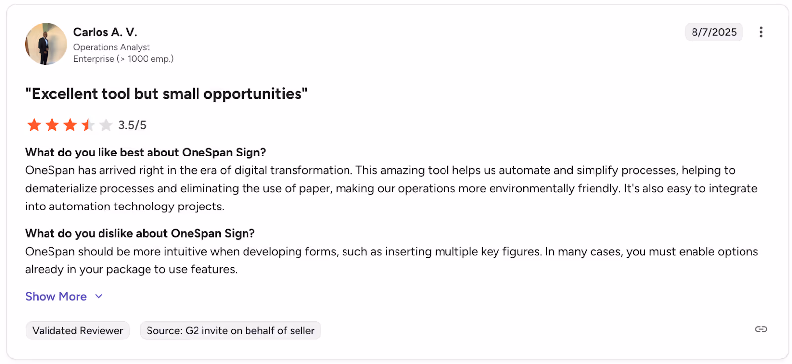 A G2 user review of OneSpan Sign.