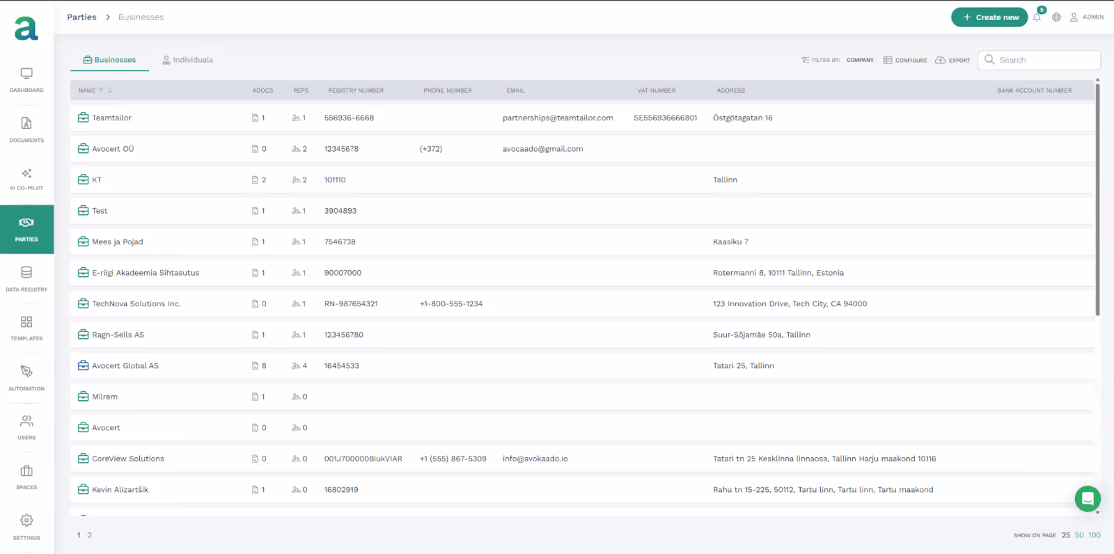Avokaado Parties Registry showing the information of all parties involved in the contract lifecycle management process.