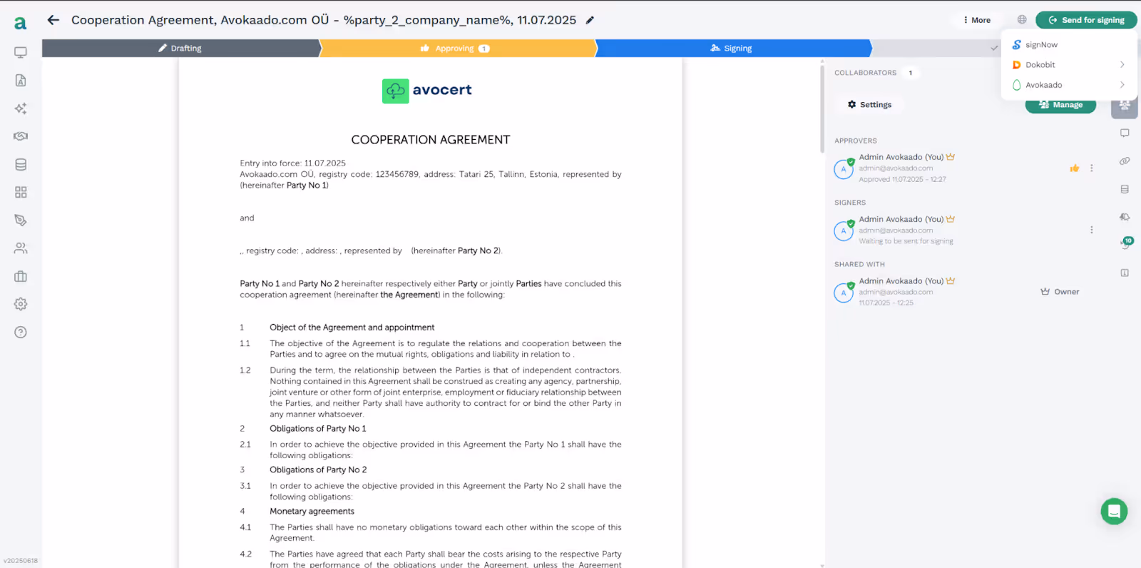 Avokaado's contract workflows provide a clear overview of all involved parties, including approvers, signers, and individuals with whom the contract is shared.