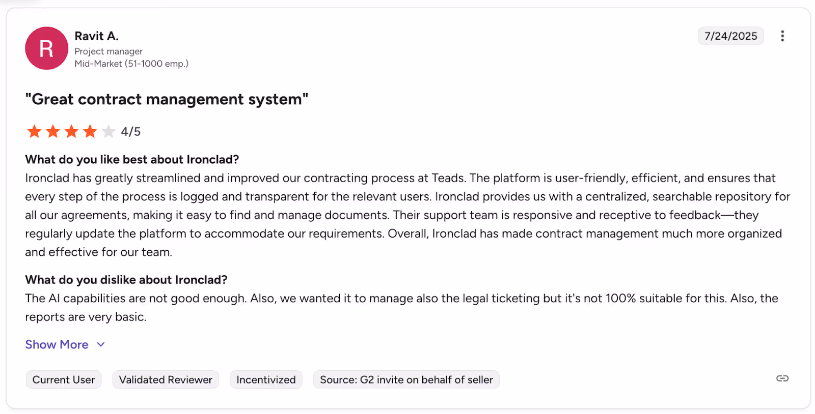 A G2 user review of Ironclad mentioning that its AI capabilities has room for improvement.