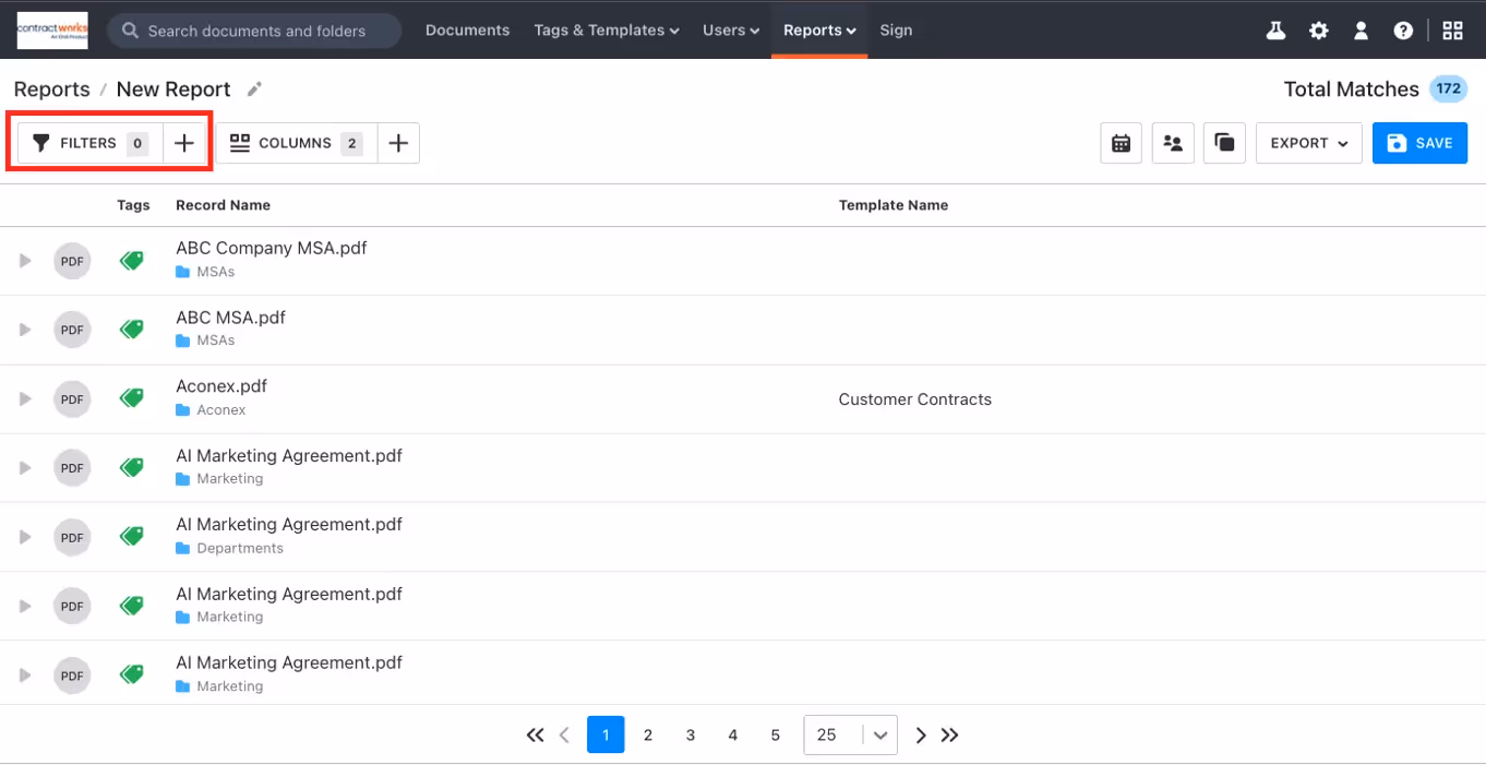 ContractWorks reporting interface showing a list of documents filtered by tags and folders for Marketing, MSAs, and Aconex.