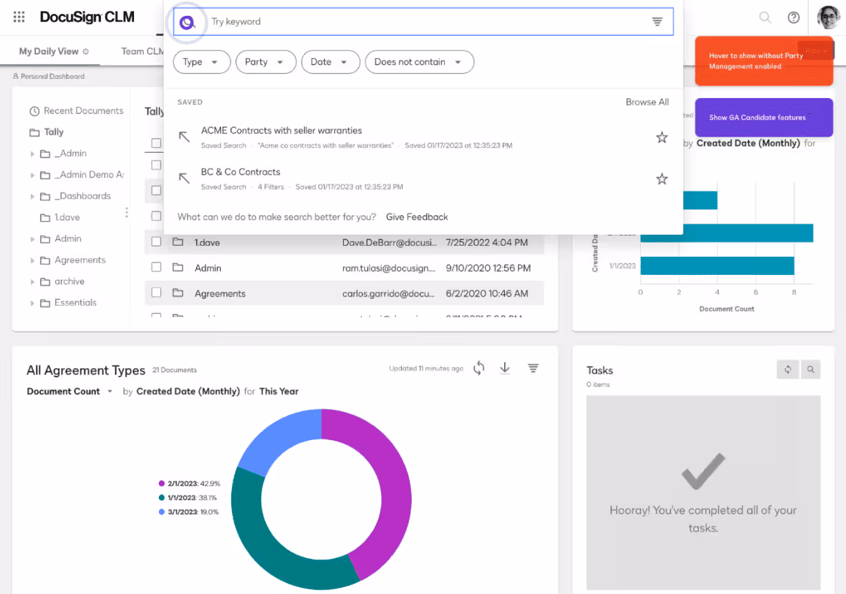 DocuSign CLM interface showing the search functionality with filters for type, party, and date to locate contracts.