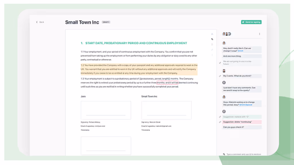 Juro browser-based contract editor showing real-time comments and a signing modal for an employment agreement.