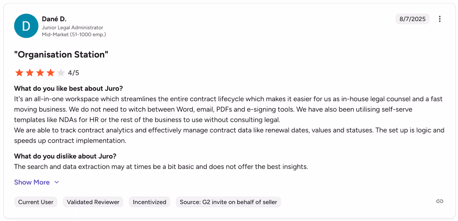 A G2 review of Juro explaining its pros and cons