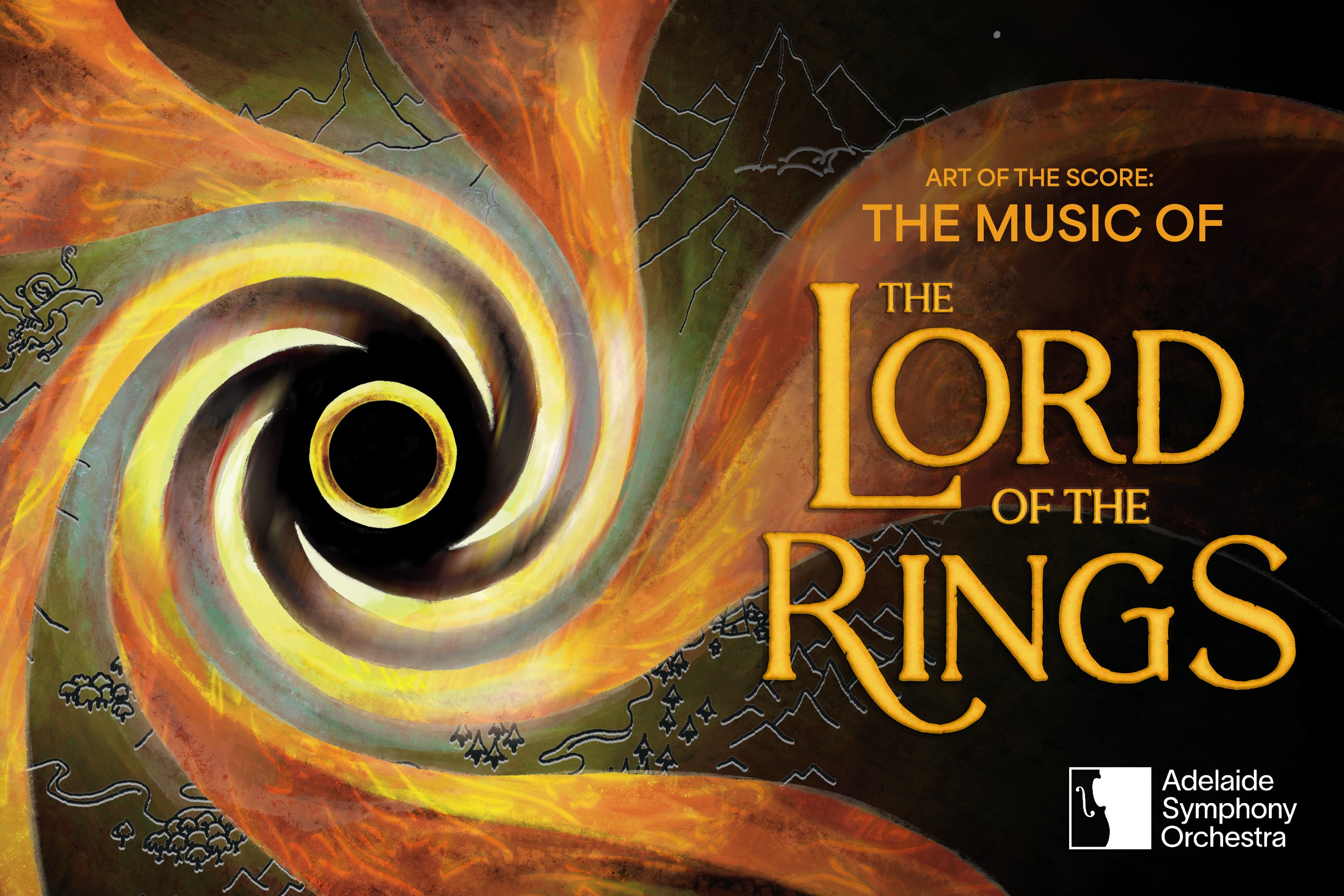 Art of the Score: The Music of The Lord of the Rings artwork, a fiery swirl around the One Ring, with the Adelaide Symphony Orchestra logo