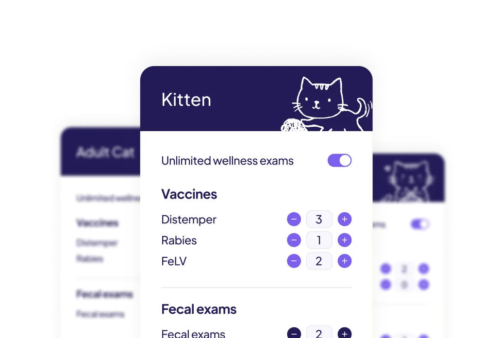 A visualisation of Nest's plan builder showing a customizable Kitten wellness plan with adjustable vaccine and exam options