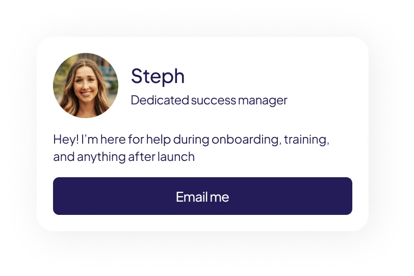 Contact card for Nest's dedicated success manager, offering help with onboarding, training, and post-launch support
