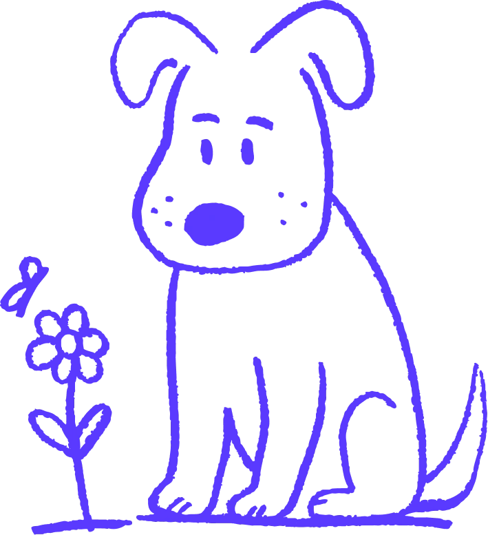 An illustration of a dog sitting and looking at a flower