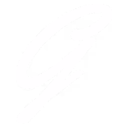 White stylized cursive letter G on a black square background.