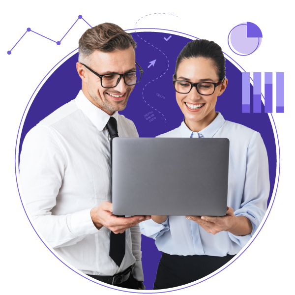 Two people looking at a laptop. Numberoo blends financial expertise with business coaching.